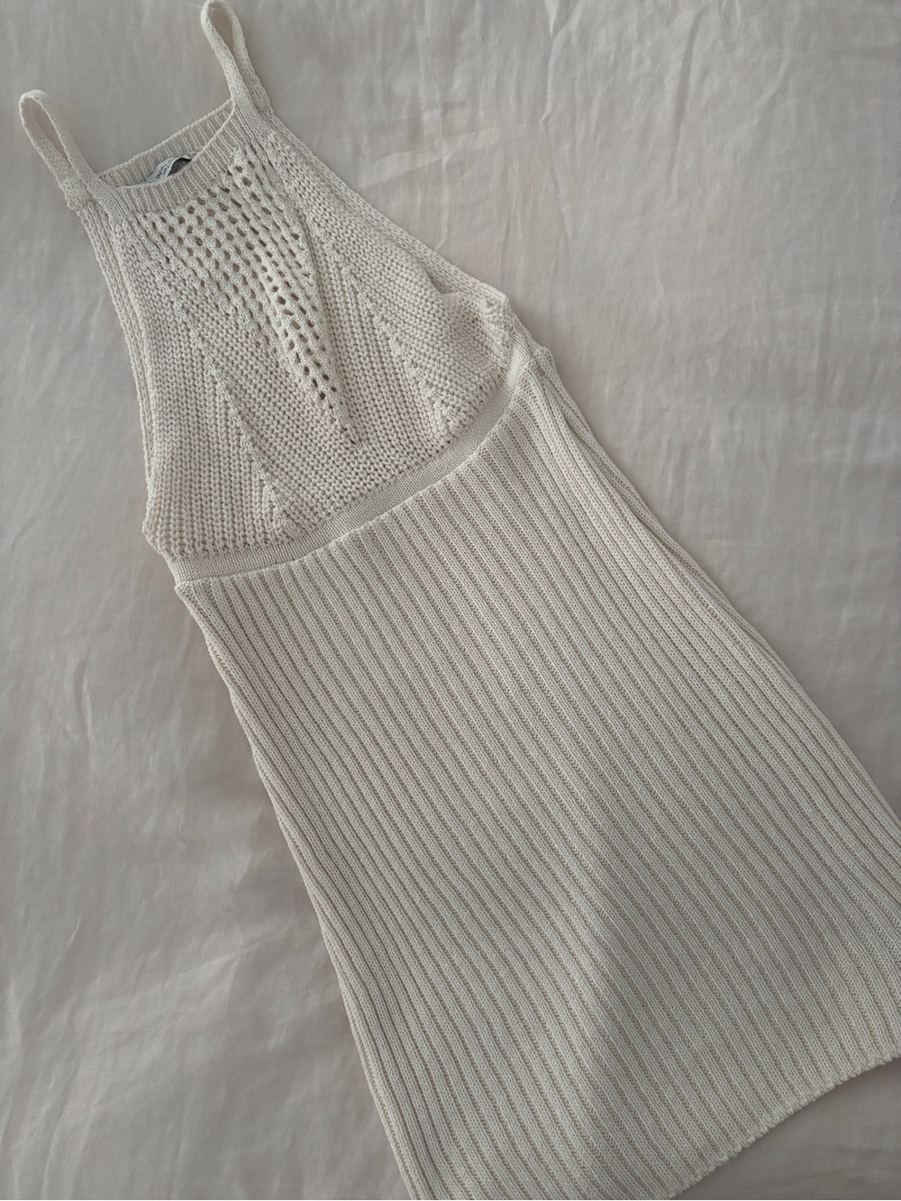 Zara Crochet Knit Halter Dress in Ivory-Cream